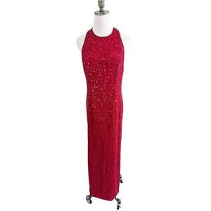 Vintage Laurence Kazar Red Sequin Full Length Dress Size S/M Racerback Crew Neck